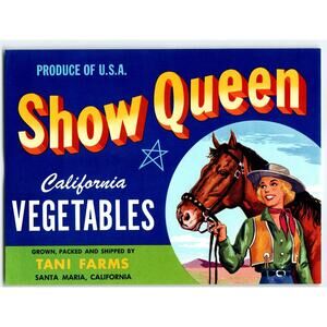 Show Queen Vegetables Label Blonde Cowgirl Horse Vintage 1950s Original